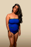 POCKETS -  Blue Tube swimsuit w/ green piping and front pockets