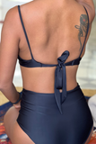 Two Piece Classic Black Solid Underwire Front Tie Bikini Top With High Waist Bikini Bottom