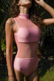 Pamela - Rose Pink High Collar Mesh Monokini